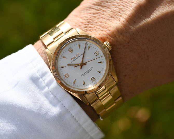 Rolex Oyster Perpetual 6567 in Gelbgold mit 7205 Goldband und Big Logo Schließe – Bild 2