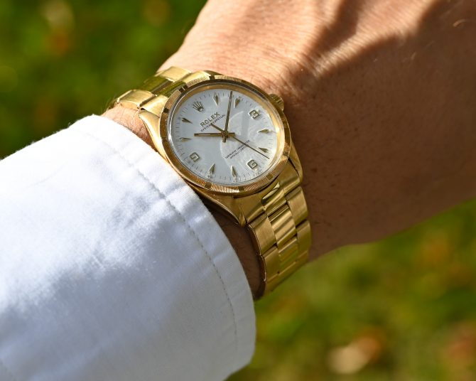 Rolex Oyster Perpetual 6567 in Gelbgold mit 7205 Goldband und Big Logo Schließe – Bild 3