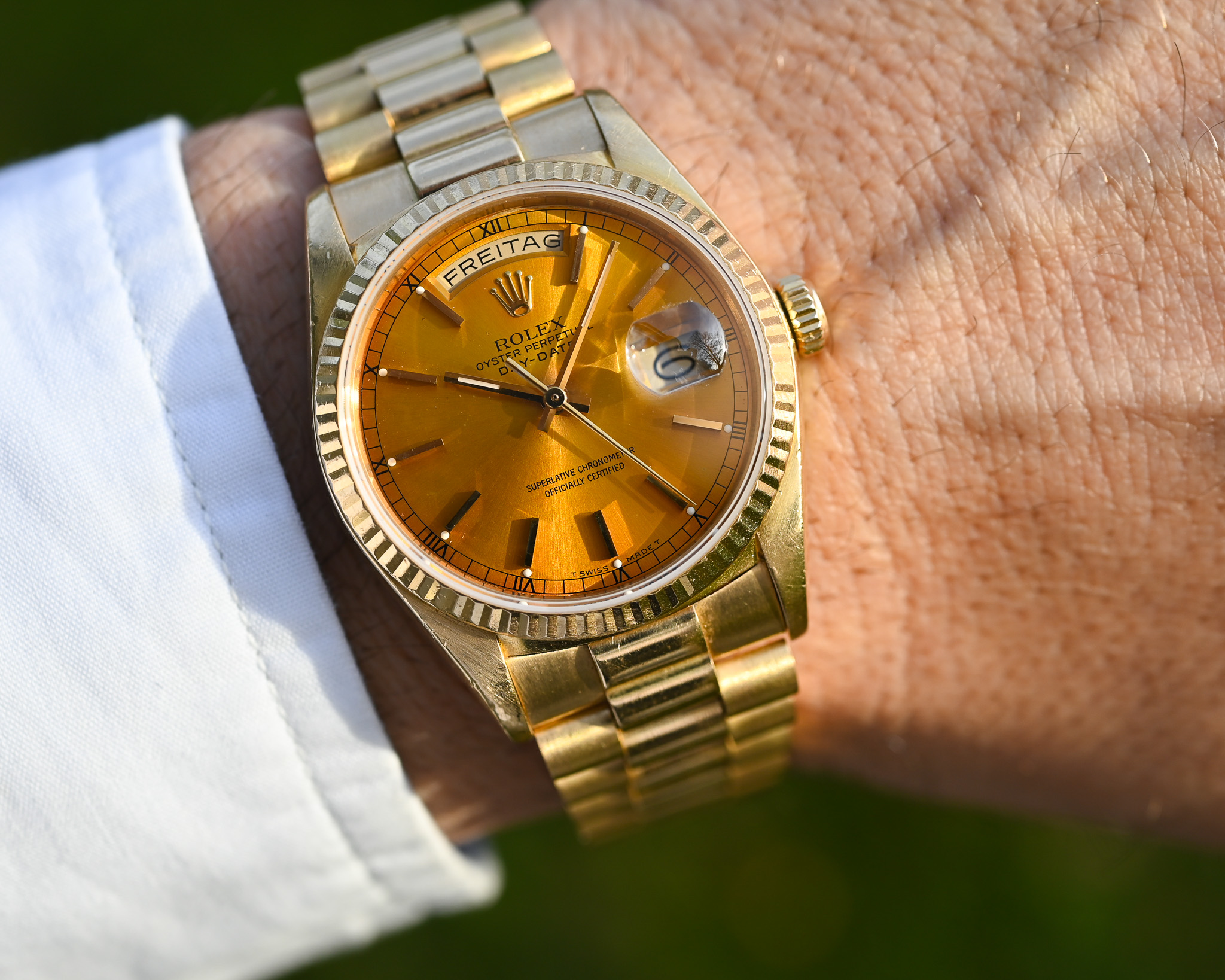 Rolex Day-Date Gelbgold Tropical 18038 "Honey - Dial" mit Box und Papieren