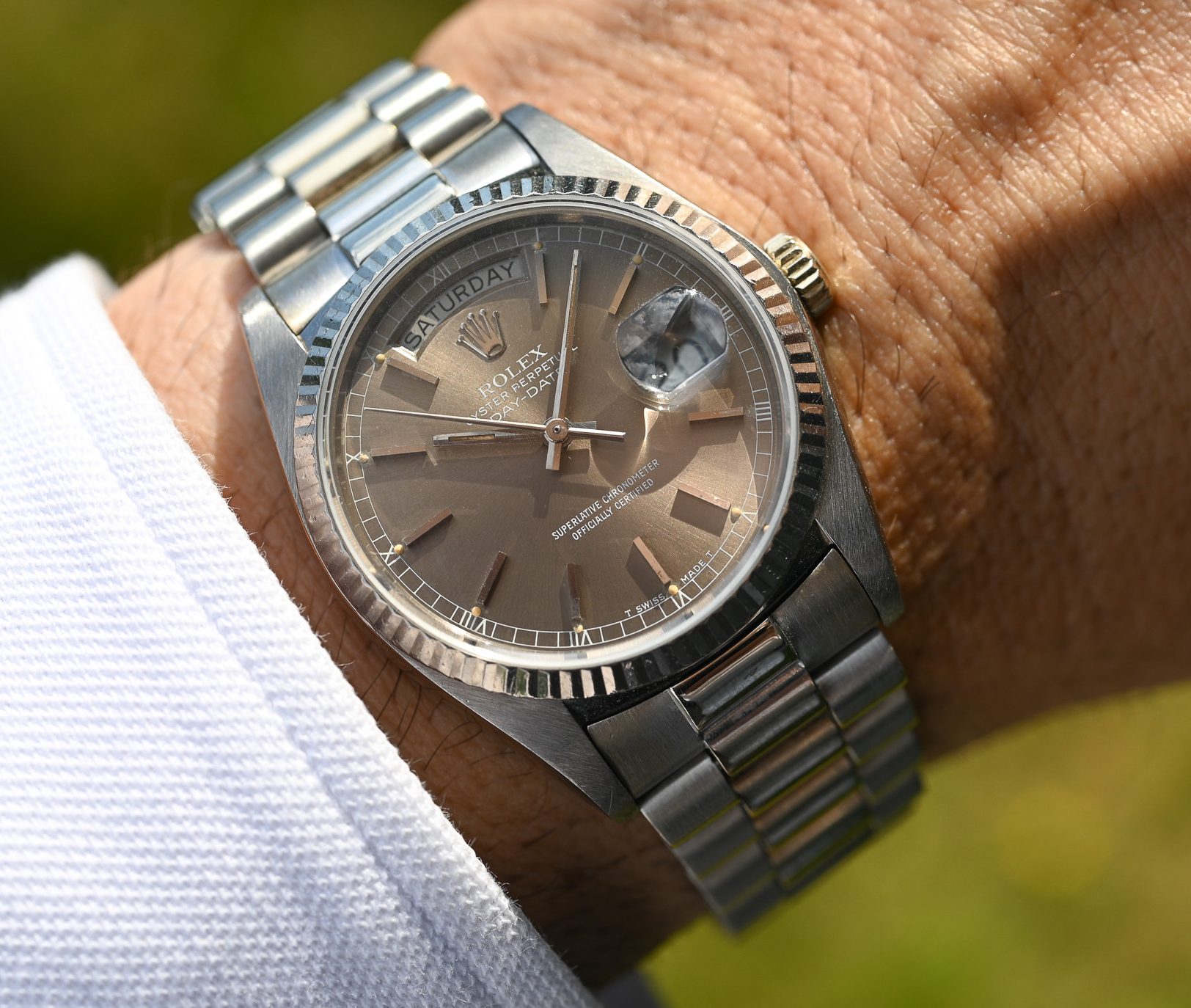 Rolex Day-Date Ref. 18039 „Taupe Dial“ – Dezente Eleganz in Weißgold